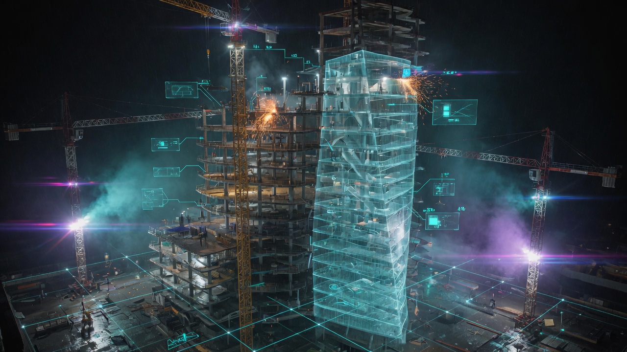 Night construction site with a cyan holographic tower over raw steel and cranes