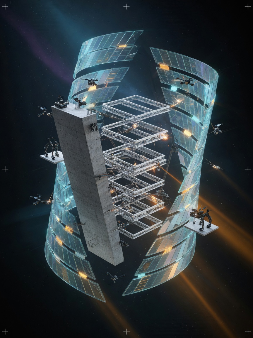 Exploded holographic tower: concrete core, steel trusses, glass envelope, construction drones