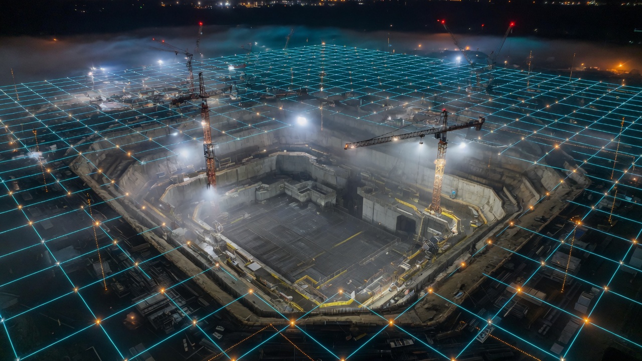 Night aerial of a megastructure excavation with a cyan AR survey grid