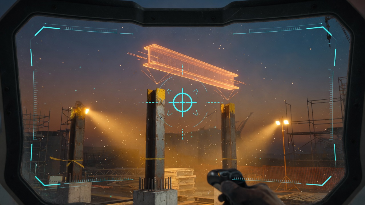 AR visor placing a holographic steel beam onto concrete columns at dusk